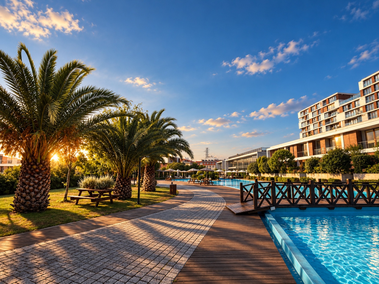 Residential complex with a swimming pool at sunset